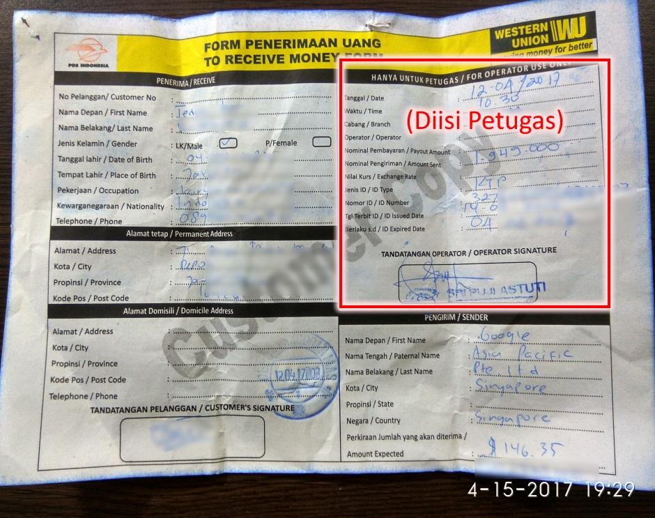 cara mengambil mencairkan uang western union di kantor pos