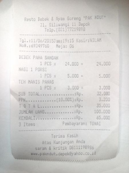 harga porsi makan bebek ayam pak Ndut
